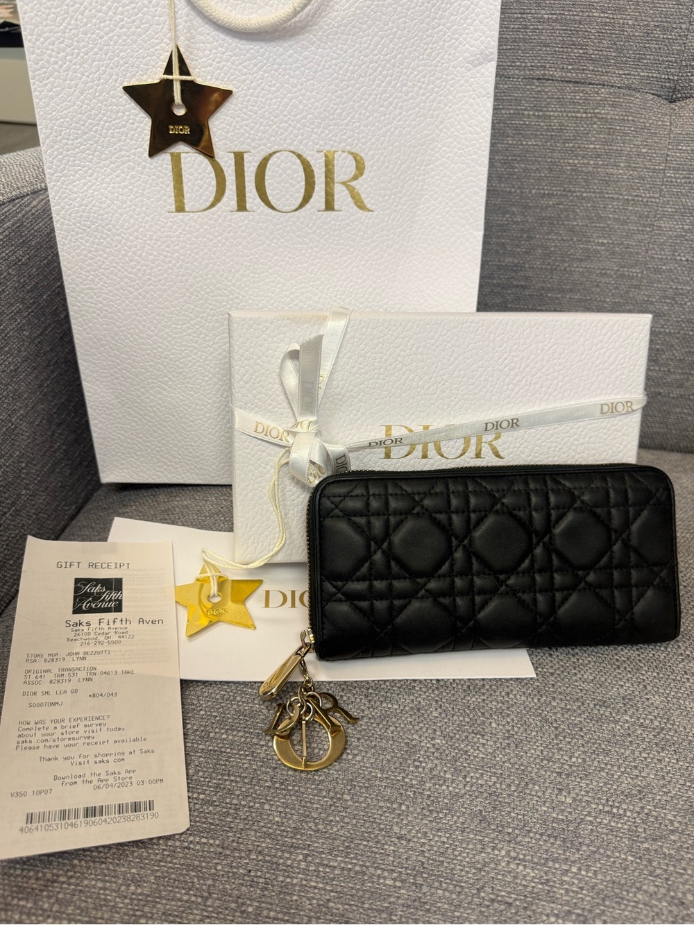 Dior Black Quilted Lady Dior Voyauger Zip Wallet with Gold Charms